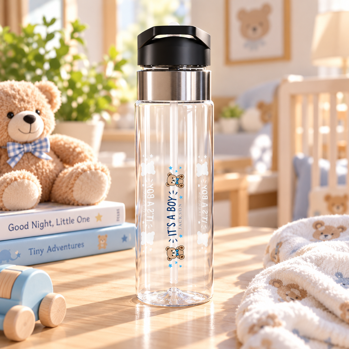Personalized Water Bottle for Boys, Cute Teddy Bear Name Bottle, Kids School Drink Bottle, Birthday Gift for Son, Back to School Gift