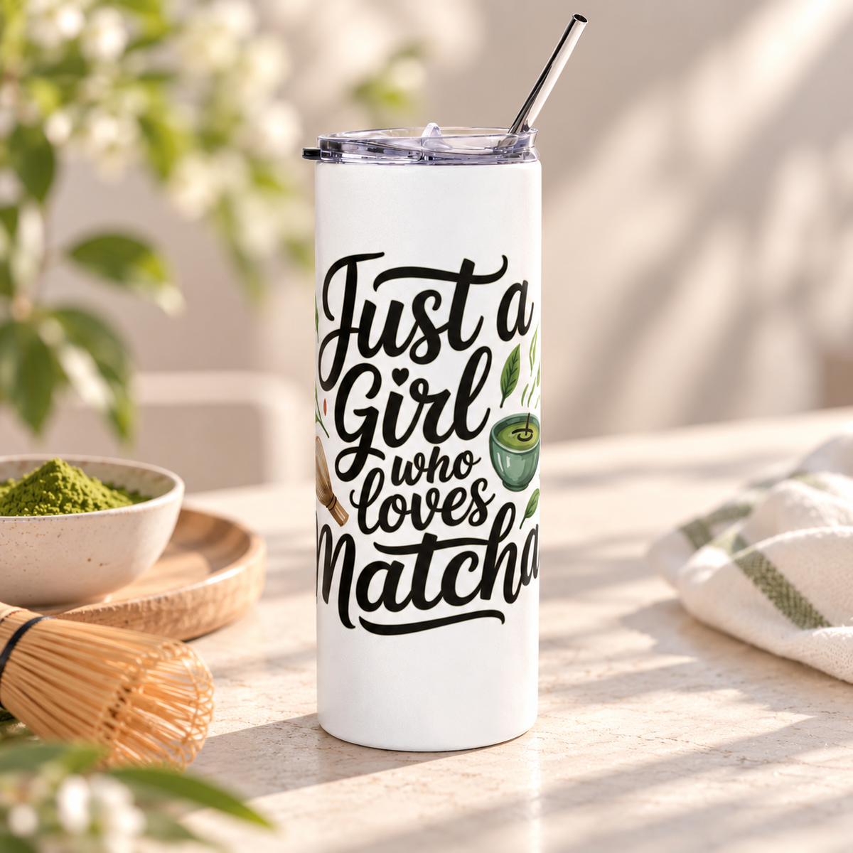 A white stainless steel skinny tumbler with a clear lid and metal straw, printed with "Just a Girl who Loves Matcha" in black script with a green matcha bowl, a bamboo whisk and tea leaves.