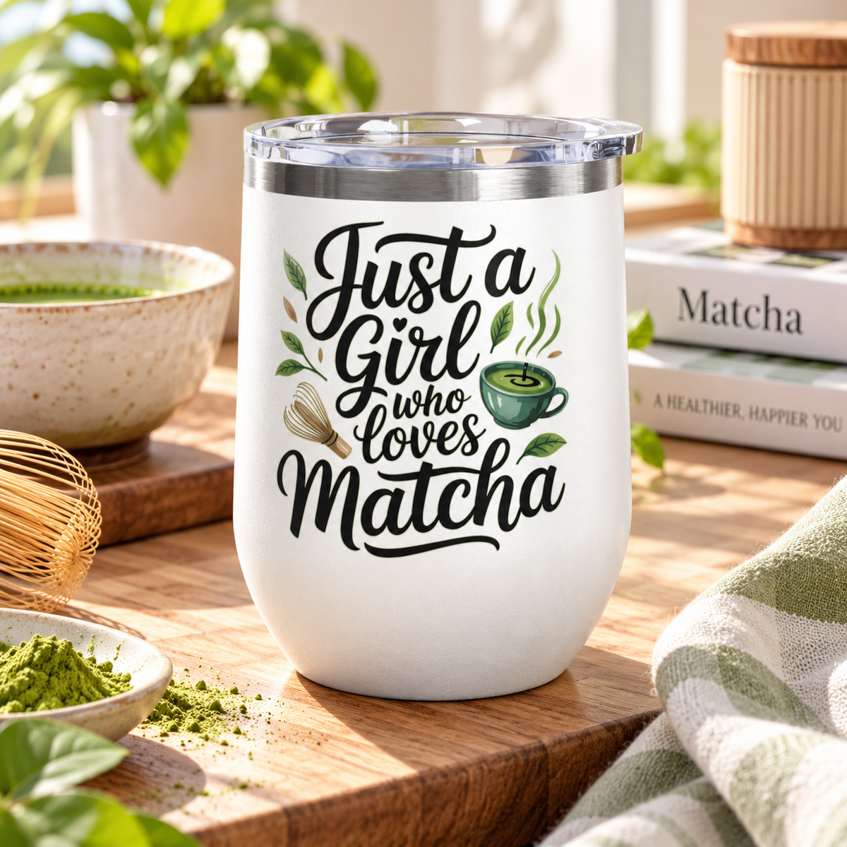 A white stainless steel stemless wine tumbler with a clear push-on lid, printed with "Just a Girl who Loves Matcha" in black script with a green matcha bowl, a bamboo whisk and tea leaves.