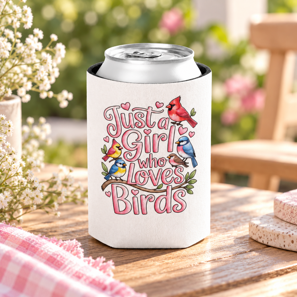 A white can cooler on a drink can, printed with "Just a Girl who Loves Birds" in pink bubble lettering with a cardinal, a blue jay, goldfinches and finches on a branch.