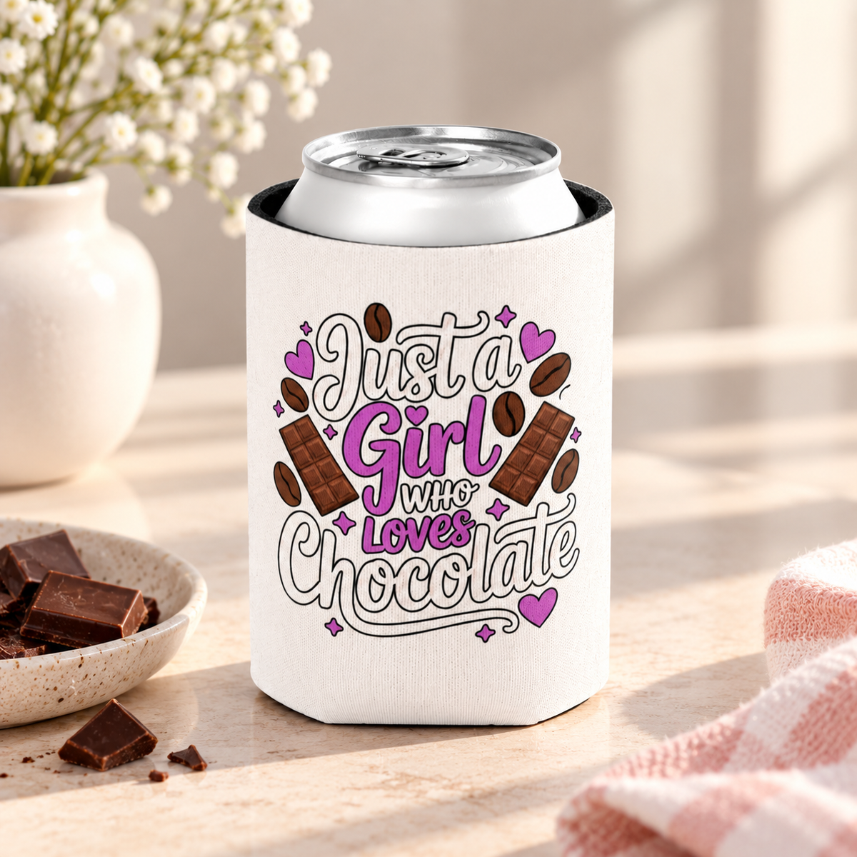 A white can cooler on a drink can, printed with "Just a Girl who Loves Chocolate" in white and purple lettering with chocolate bars, cocoa beans and hearts.