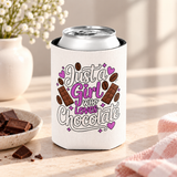 A white can cooler on a drink can, printed with "Just a Girl who Loves Chocolate" in white and purple lettering with chocolate bars, cocoa beans and hearts.