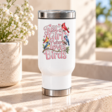 A white stainless steel travel mug with a silver lid and base, printed with "Just a Girl who Loves Birds" in pink bubble lettering with a cardinal, a blue jay, goldfinches and finches on a branch.