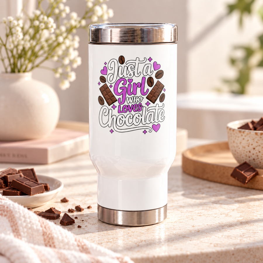 A white stainless steel travel mug with a silver lid and base, printed with "Just a Girl who Loves Chocolate" in white and purple lettering with chocolate bars, cocoa beans and hearts.