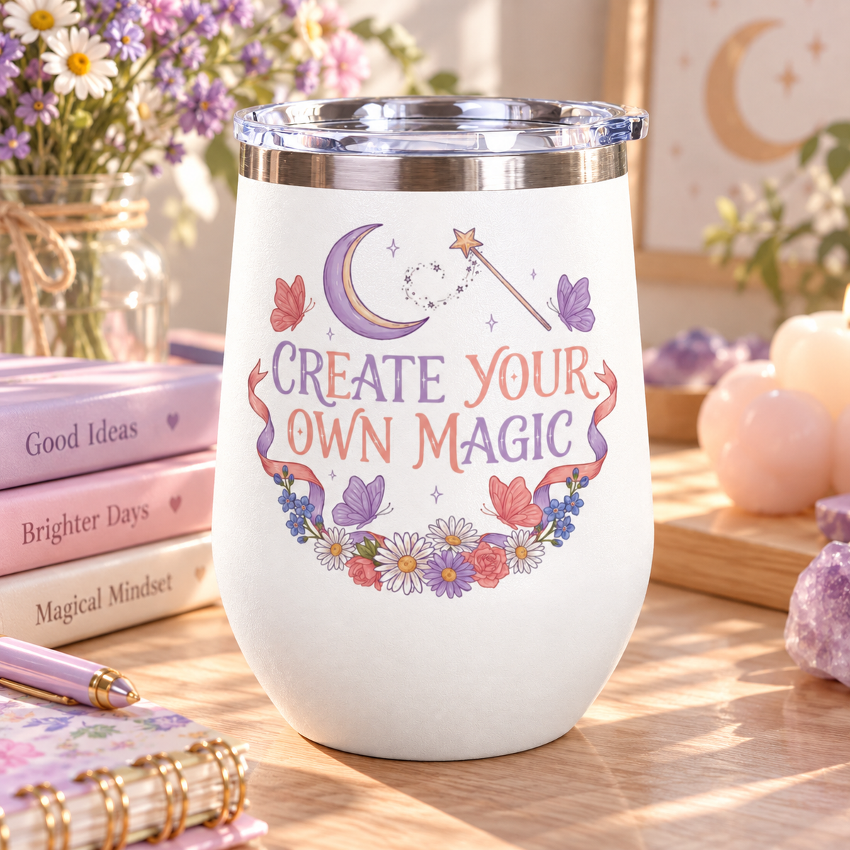 A white stainless steel stemless wine tumbler with a clear push-on lid, printed with "CREATE YOUR OWN MAGIC" in lilac and coral lettering under a crescent moon and a star wand, framed by butterflies, ribbons and flowers.