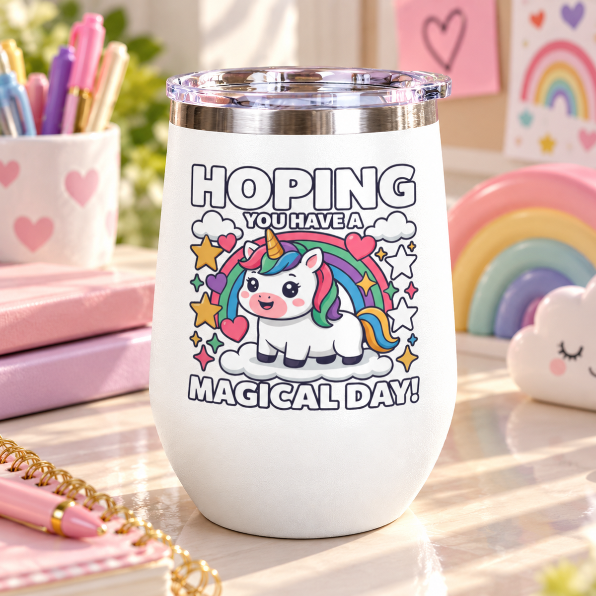 A white stainless steel stemless wine tumbler with a clear push-on lid, printed with "HOPING YOU HAVE A MAGICAL DAY!" around a cute unicorn on a cloud under a rainbow with stars and hearts.