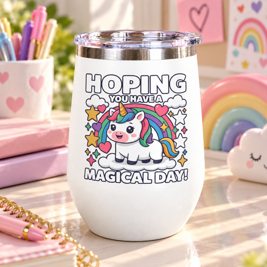 A white stainless steel stemless wine tumbler with a clear push-on lid, printed with "HOPING YOU HAVE A MAGICAL DAY!" around a cute unicorn on a cloud under a rainbow with stars and hearts.