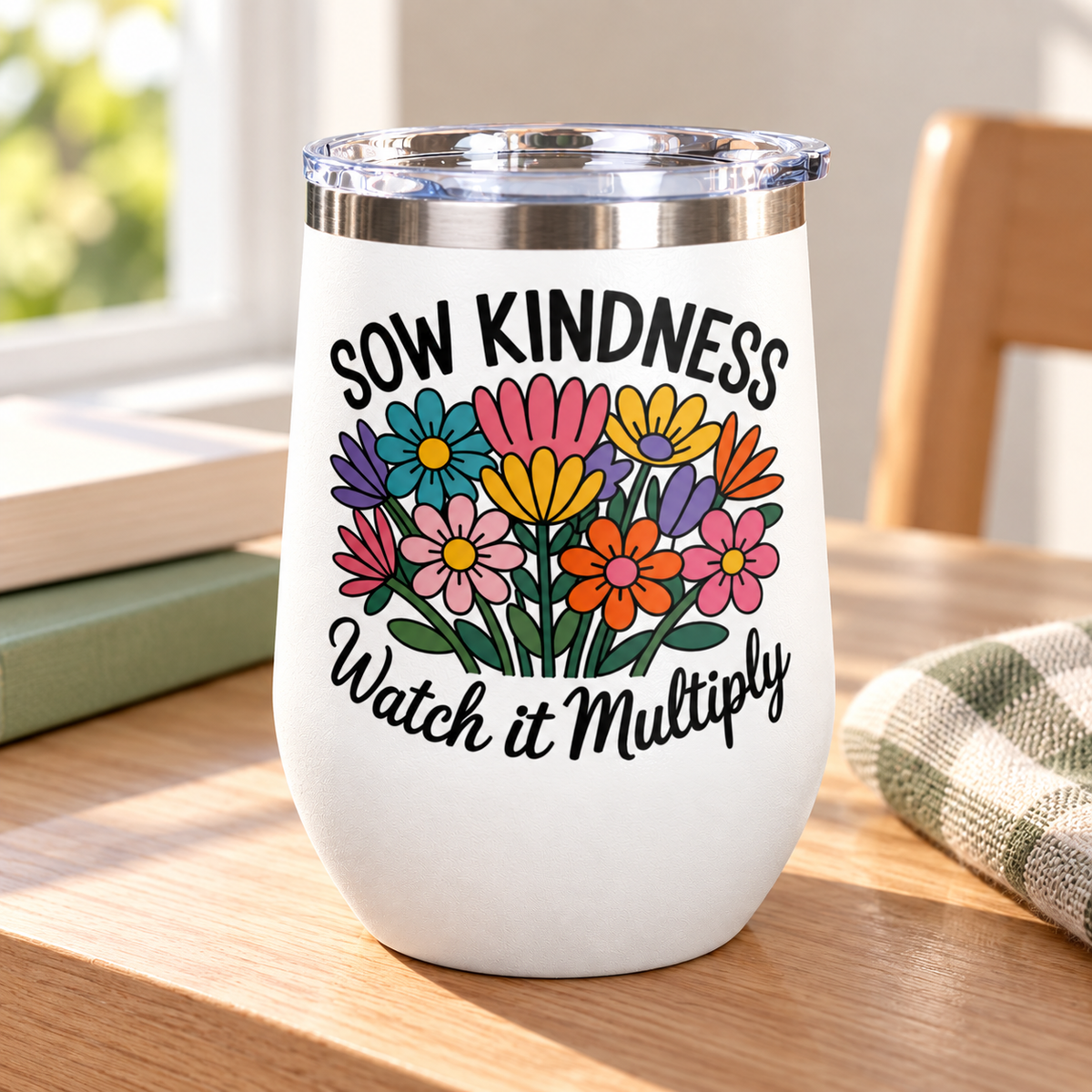 A white stainless steel stemless wine tumbler with a clear push-on lid, printed with "SOW KINDNESS" above a colorful bouquet of pink, yellow, purple, orange and teal wildflowers and "Watch it Multiply" in black script.