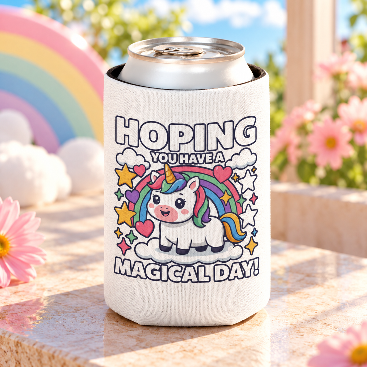 A white can cooler on a drink can, printed with "HOPING YOU HAVE A MAGICAL DAY!" around a cute unicorn on a cloud under a rainbow with stars and hearts.
