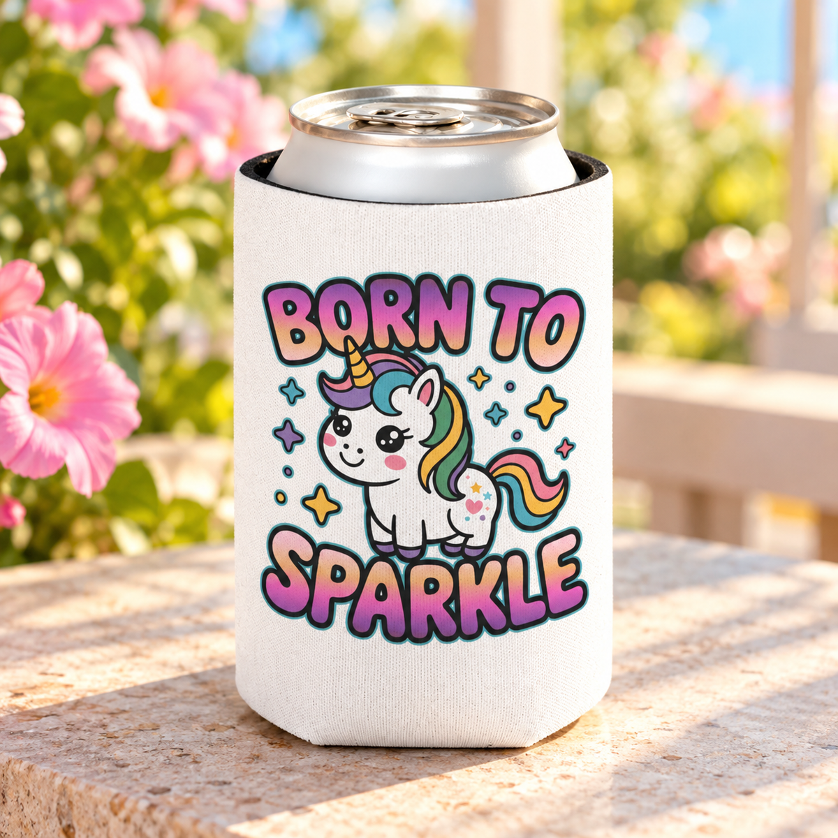 A white can cooler on a drink can, printed with "BORN TO SPARKLE" in pink and purple bubble lettering around a cute unicorn with a rainbow mane and sparkles.