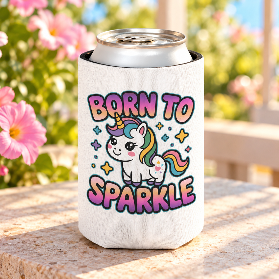 A white can cooler on a drink can, printed with "BORN TO SPARKLE" in pink and purple bubble lettering around a cute unicorn with a rainbow mane and sparkles.