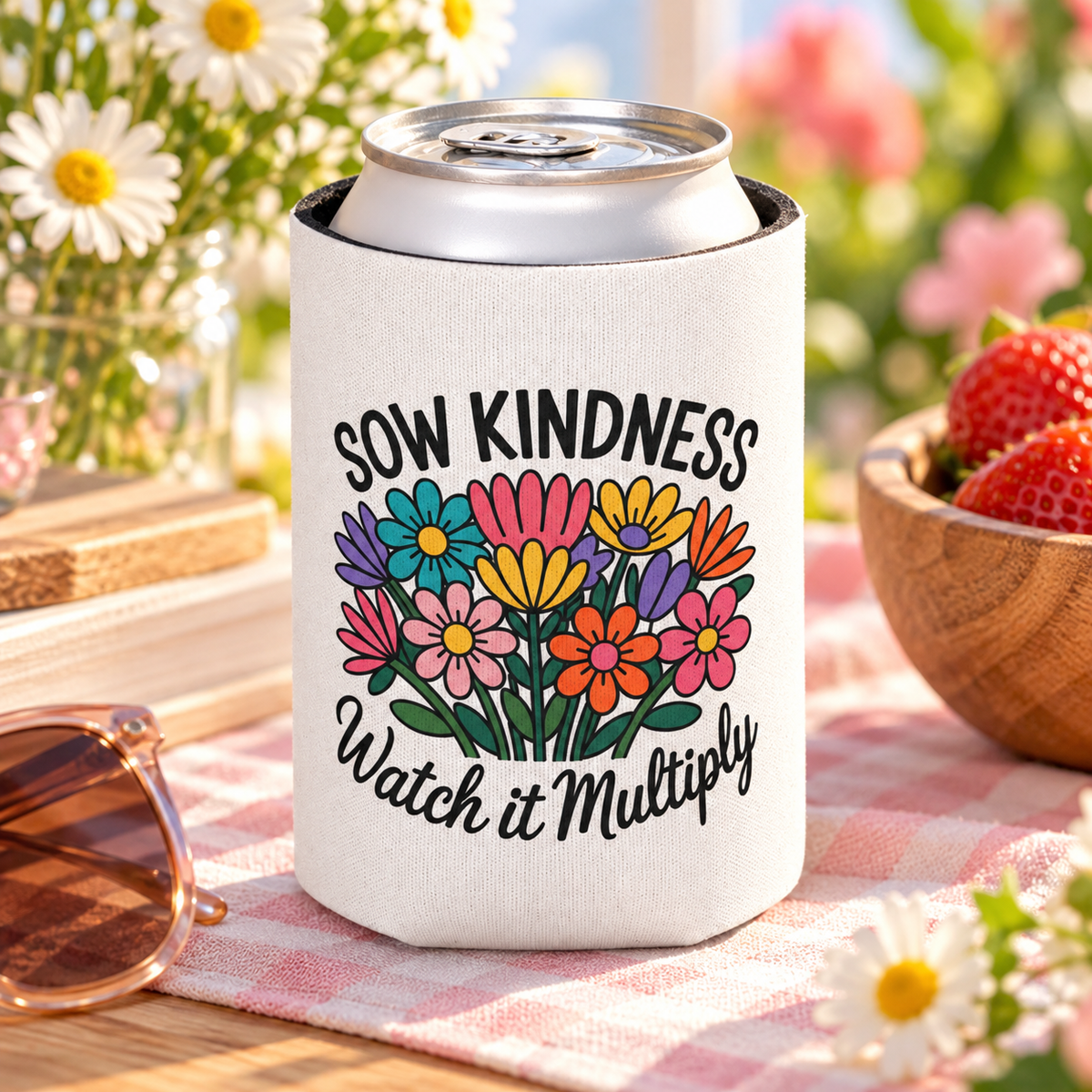 A white can cooler on a drink can, printed with "SOW KINDNESS" above a colorful bouquet of pink, yellow, purple, orange and teal wildflowers and "Watch it Multiply" in black script.
