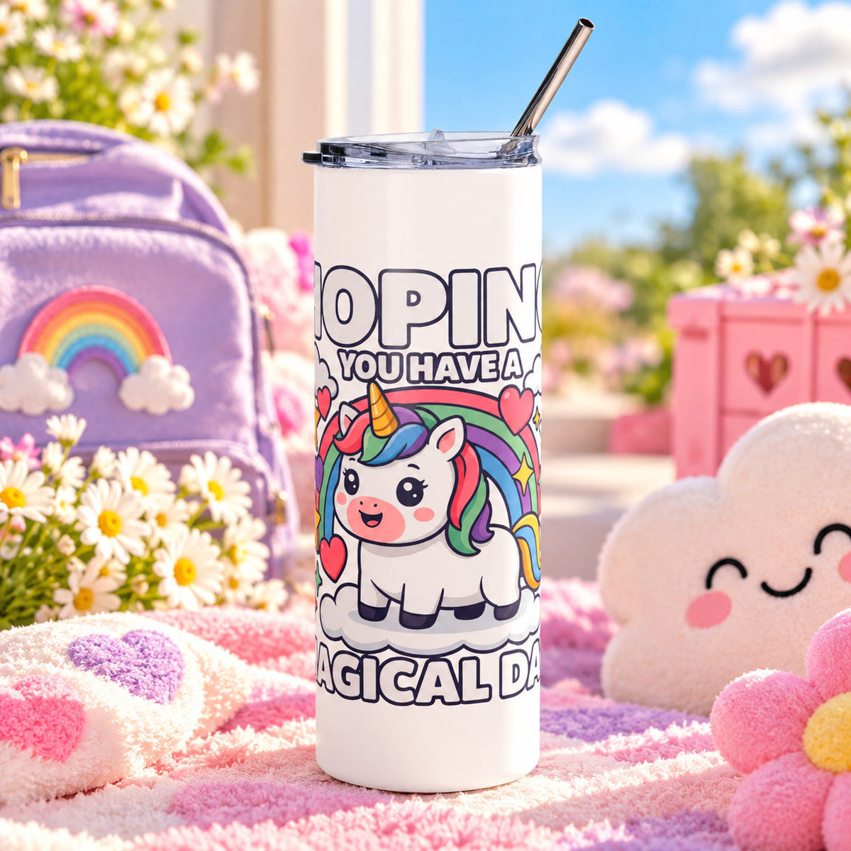 A white stainless steel skinny tumbler with a clear lid and metal straw, printed with "HOPING YOU HAVE A MAGICAL DAY!" around a cute unicorn on a cloud under a rainbow with stars and hearts.