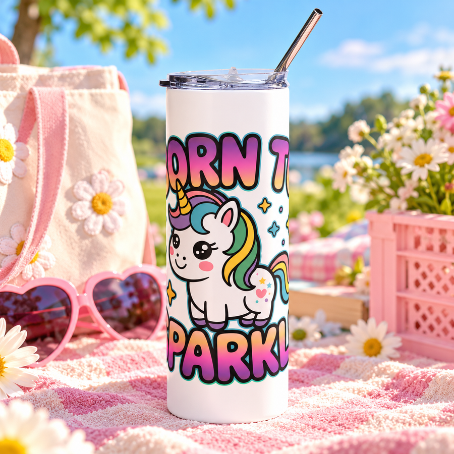 A white stainless steel skinny tumbler with a clear lid and metal straw, printed with "BORN TO SPARKLE" in pink and purple bubble lettering around a cute unicorn with a rainbow mane and sparkles.