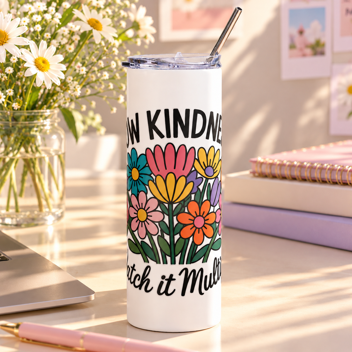A white stainless steel skinny tumbler with a clear lid and metal straw, printed with "SOW KINDNESS" above a colorful bouquet of pink, yellow, purple, orange and teal wildflowers and "Watch it Multiply" in black script.