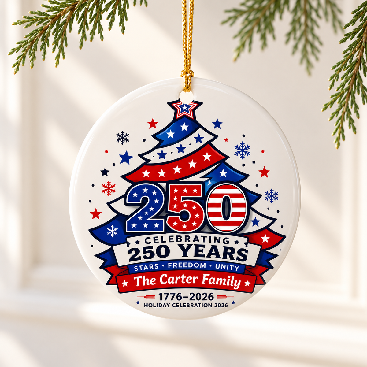 Personalized Patriotic Christmas Ornament, Custom Family Name, USA 1776 to 2026 Anniversary Keepsake, Red White Blue Holiday Decor