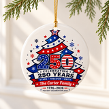 Personalized Patriotic Christmas Ornament, Custom Family Name, USA 1776 to 2026 Anniversary Keepsake, Red White Blue Holiday Decor