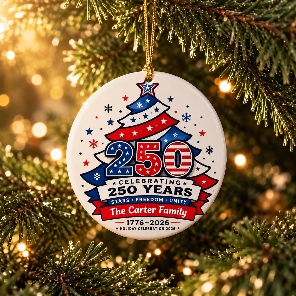 Personalized Patriotic Christmas Ornament, Custom Family Name, USA 1776 to 2026 Anniversary Keepsake, Red White Blue Holiday Decor