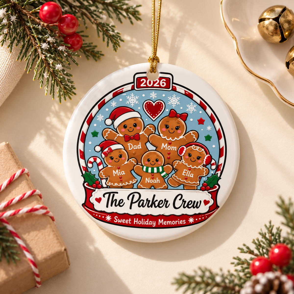 A round white ceramic Christmas ornament on a gold string, printed with a snow globe of five gingerbread people, each with a sample name, under "2026" and above "The Parker Crew, Sweet Holiday Memories".