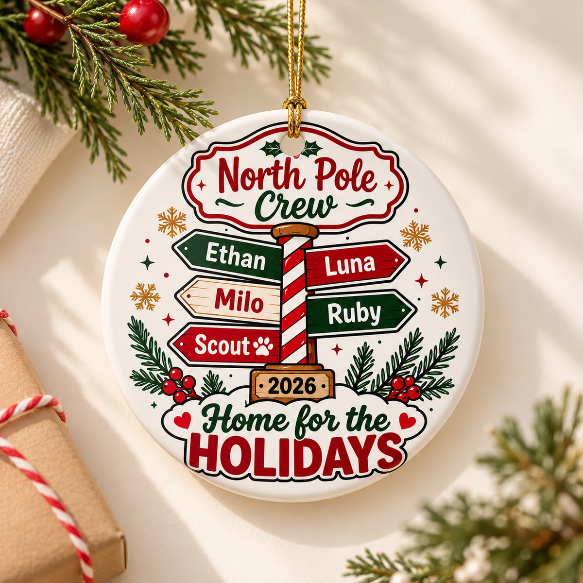 Personalized North Pole Christmas Ornament, Custom Family Name Keepsake, Festive Signpost Decor, Unique Holiday Gift for Families
