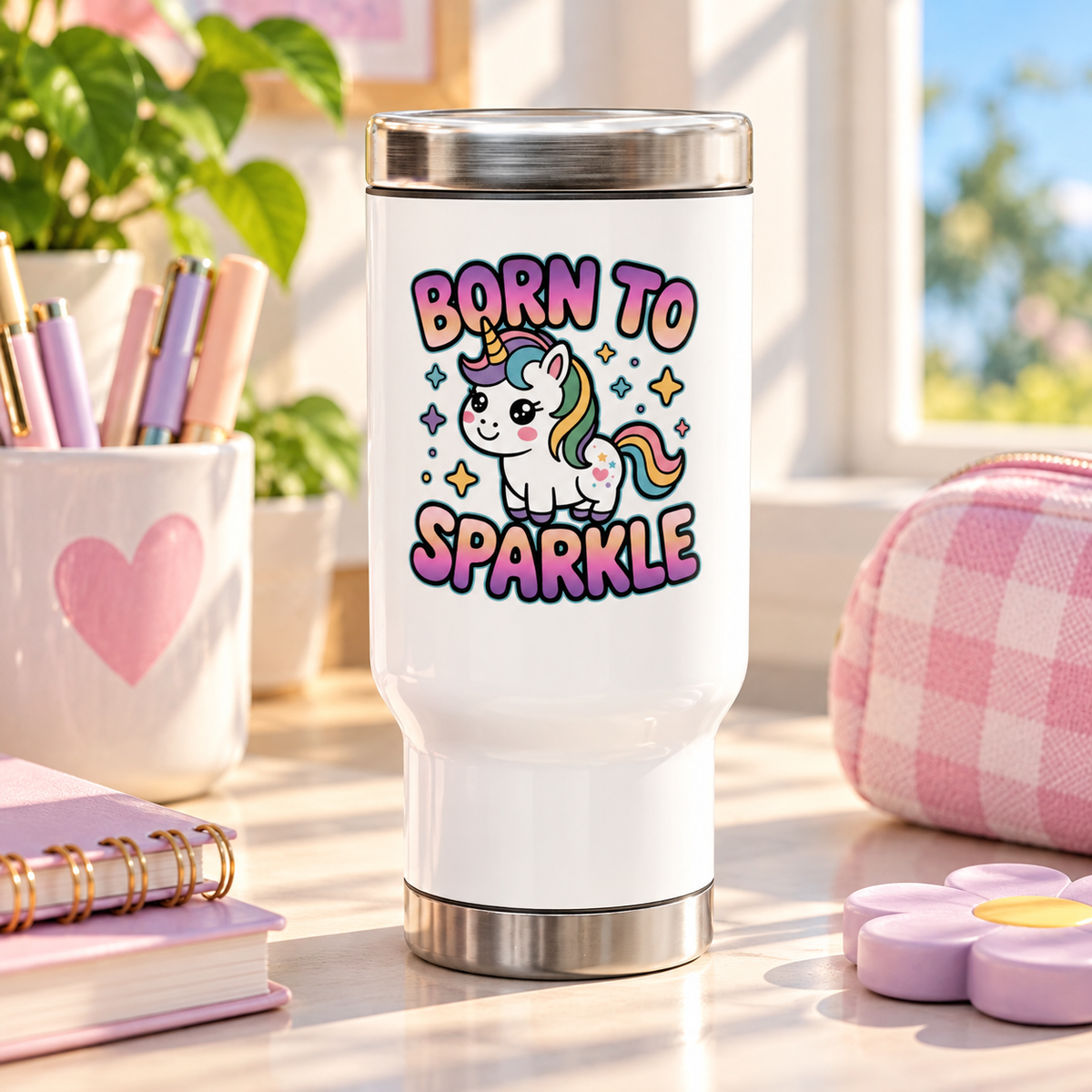 A white stainless steel travel mug with a silver lid and base, printed with "BORN TO SPARKLE" in pink and purple bubble lettering around a cute unicorn with a rainbow mane and sparkles.