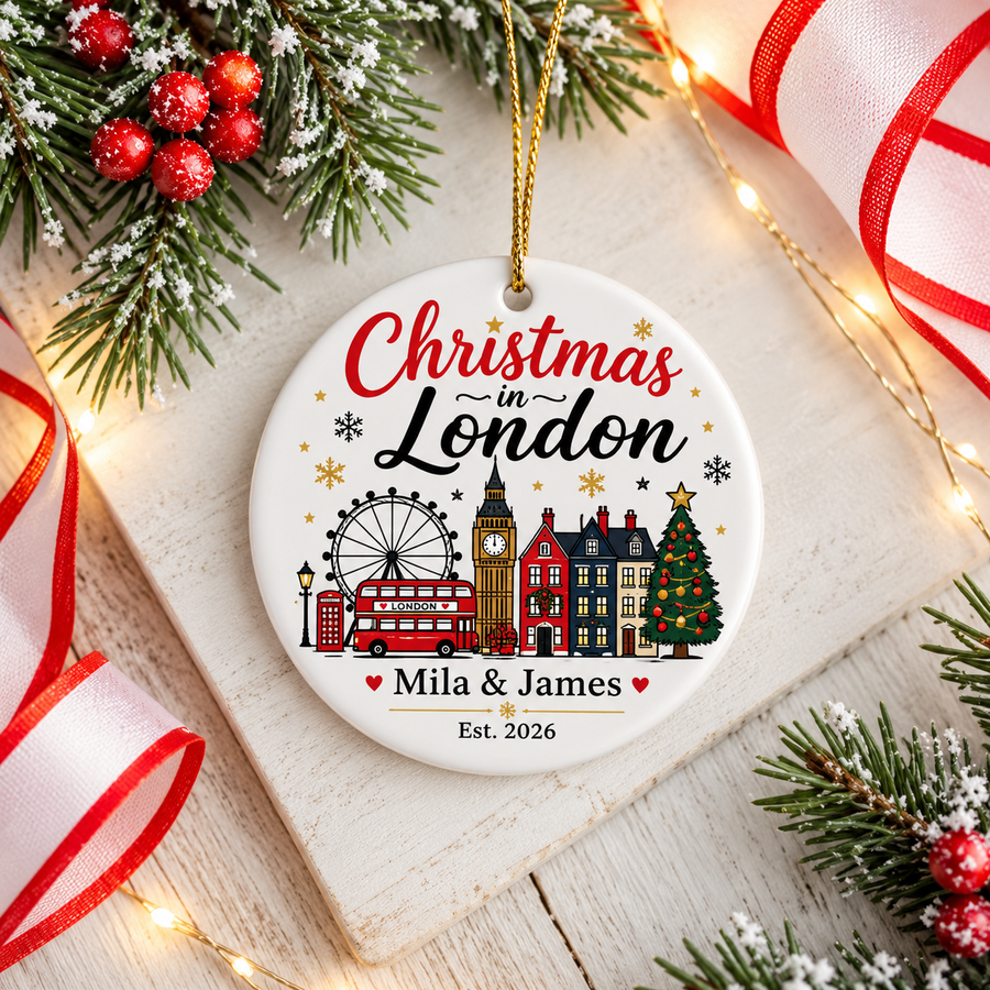 A round white ceramic Christmas ornament on a gold string, printed with "Christmas in London" above the London Eye, a red double-decker bus, Big Ben, townhouses and a Christmas tree, with sample couple names and "Est. 2026".