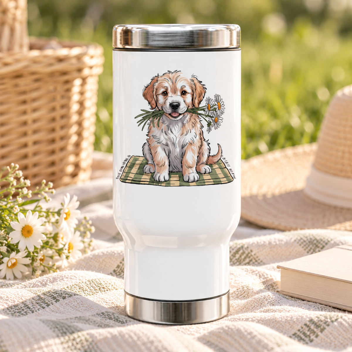 A white stainless steel travel mug with a silver lid and base, printed with a fluffy golden and cream puppy sitting on a green plaid blanket, holding white daisies in its mouth.