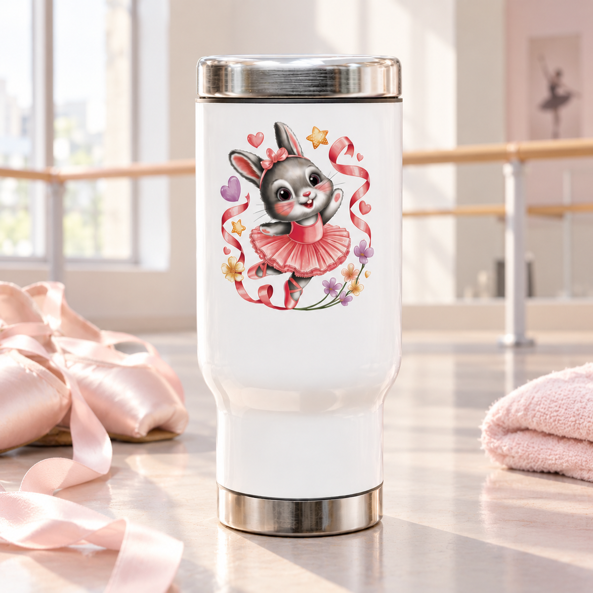 A white stainless steel travel mug with a silver lid and base, printed with a cute gray bunny ballerina in a pink tutu and hair bow, dancing among pink ribbons, hearts, stars and small flowers.