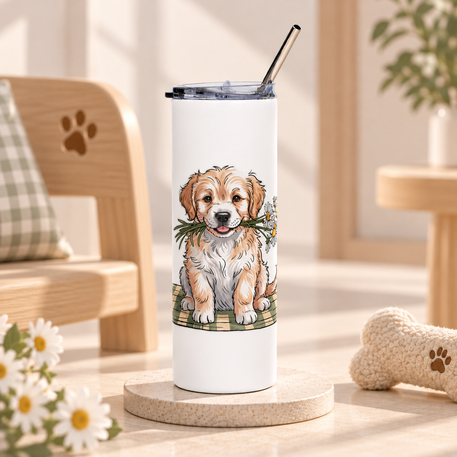 A white stainless steel skinny tumbler with a clear lid and metal straw, printed with a fluffy golden and cream puppy sitting on a green plaid blanket, holding white daisies in its mouth.