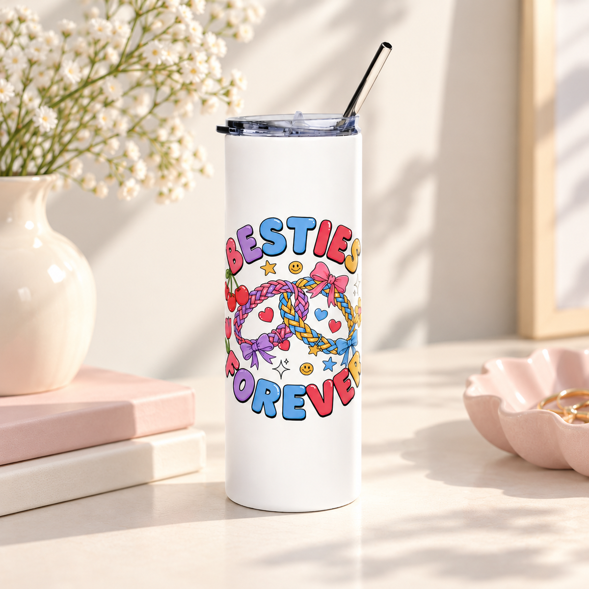 A white stainless steel skinny tumbler with a clear lid and metal straw, printed with "BESTIES FOREVER" in colorful bubble lettering around two linked braided friendship bracelets with bows, hearts, cherries, stars and smiley faces.