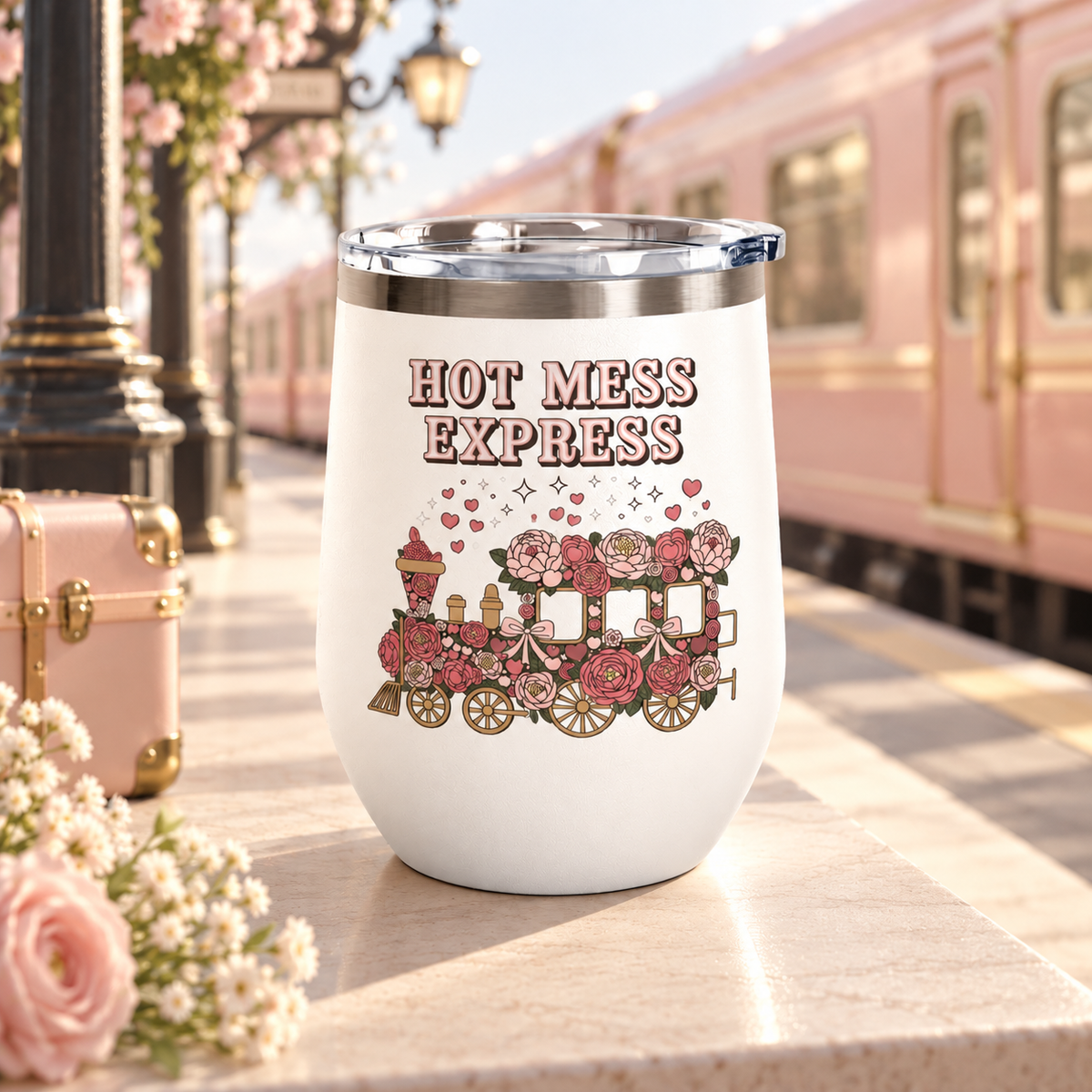 A white stainless steel stemless wine tumbler with a clear push-on lid, printed with "HOT MESS EXPRESS" in pink lettering above a steam train covered in pink and red roses and bows, with hearts and sparkles rising from it.
