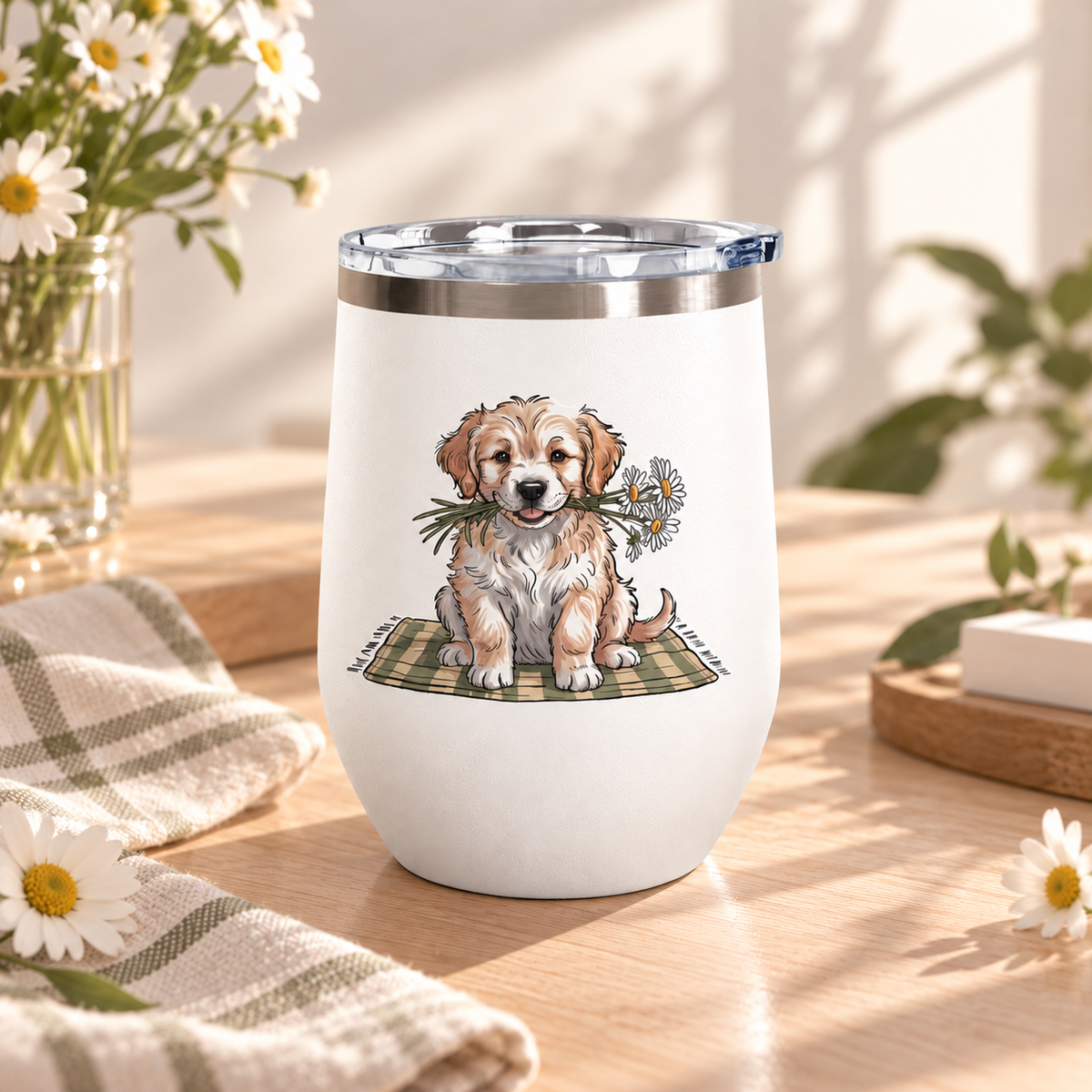 A white stainless steel stemless wine tumbler with a clear push-on lid, printed with a fluffy golden and cream puppy sitting on a green plaid blanket, holding white daisies in its mouth.