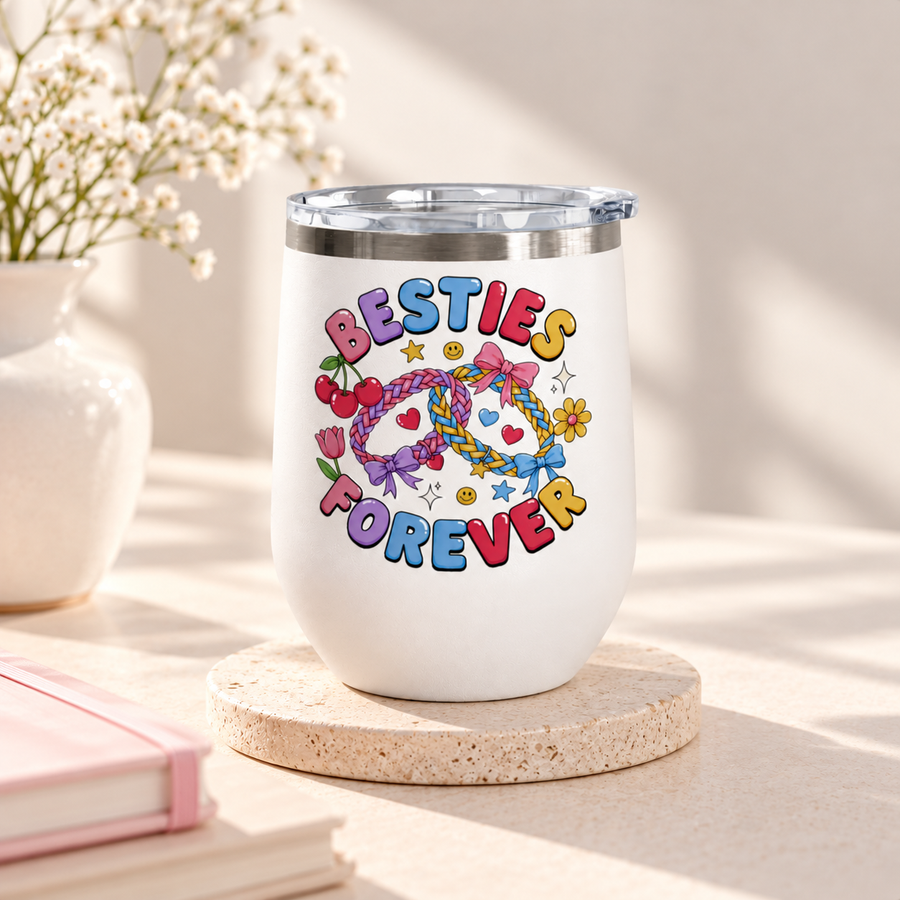 A white stainless steel stemless wine tumbler with a clear push-on lid, printed with "BESTIES FOREVER" in colorful bubble lettering around two linked braided friendship bracelets with bows, hearts, cherries, stars and smiley faces.