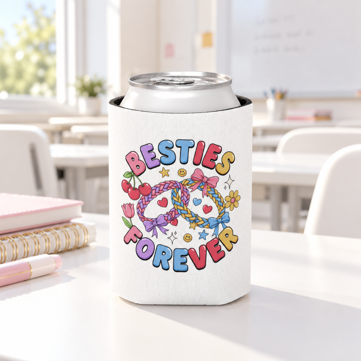 A white can cooler on a drink can, printed with "BESTIES FOREVER" in colorful bubble lettering around two linked braided friendship bracelets with bows, hearts, cherries, stars and smiley faces.