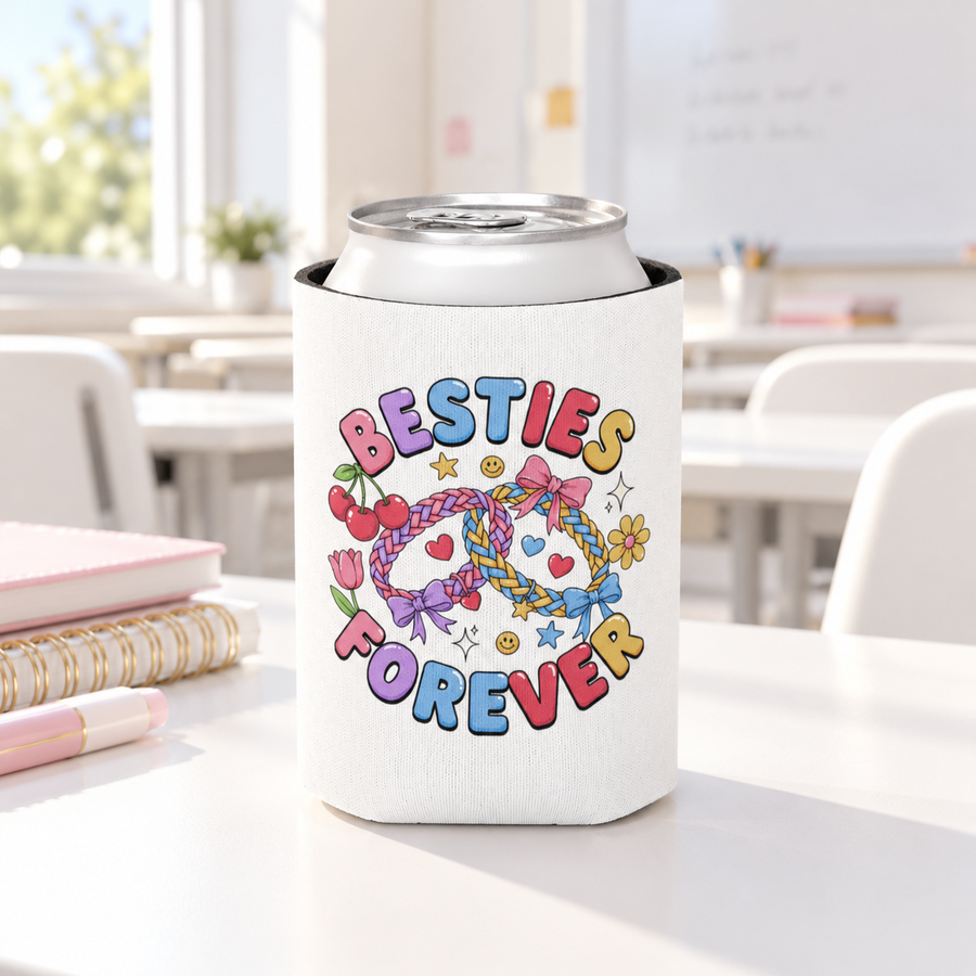 A white can cooler on a drink can, printed with "BESTIES FOREVER" in colorful bubble lettering around two linked braided friendship bracelets with bows, hearts, cherries, stars and smiley faces.