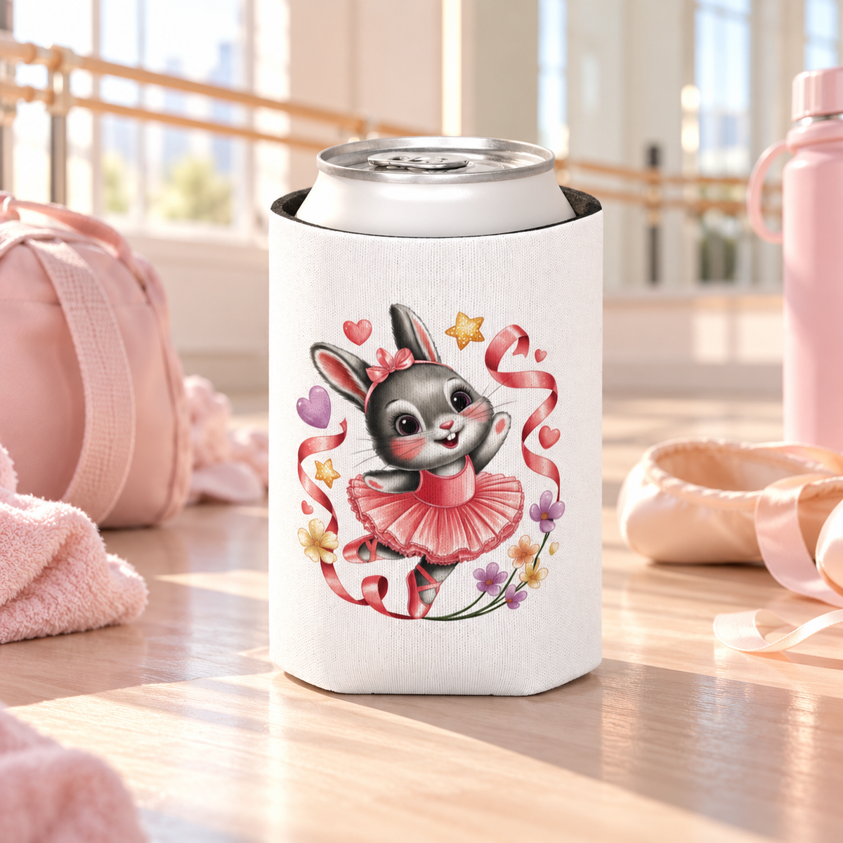 A white can cooler on a drink can, printed with a cute gray bunny ballerina in a pink tutu and hair bow, dancing among pink ribbons, hearts, stars and small flowers.