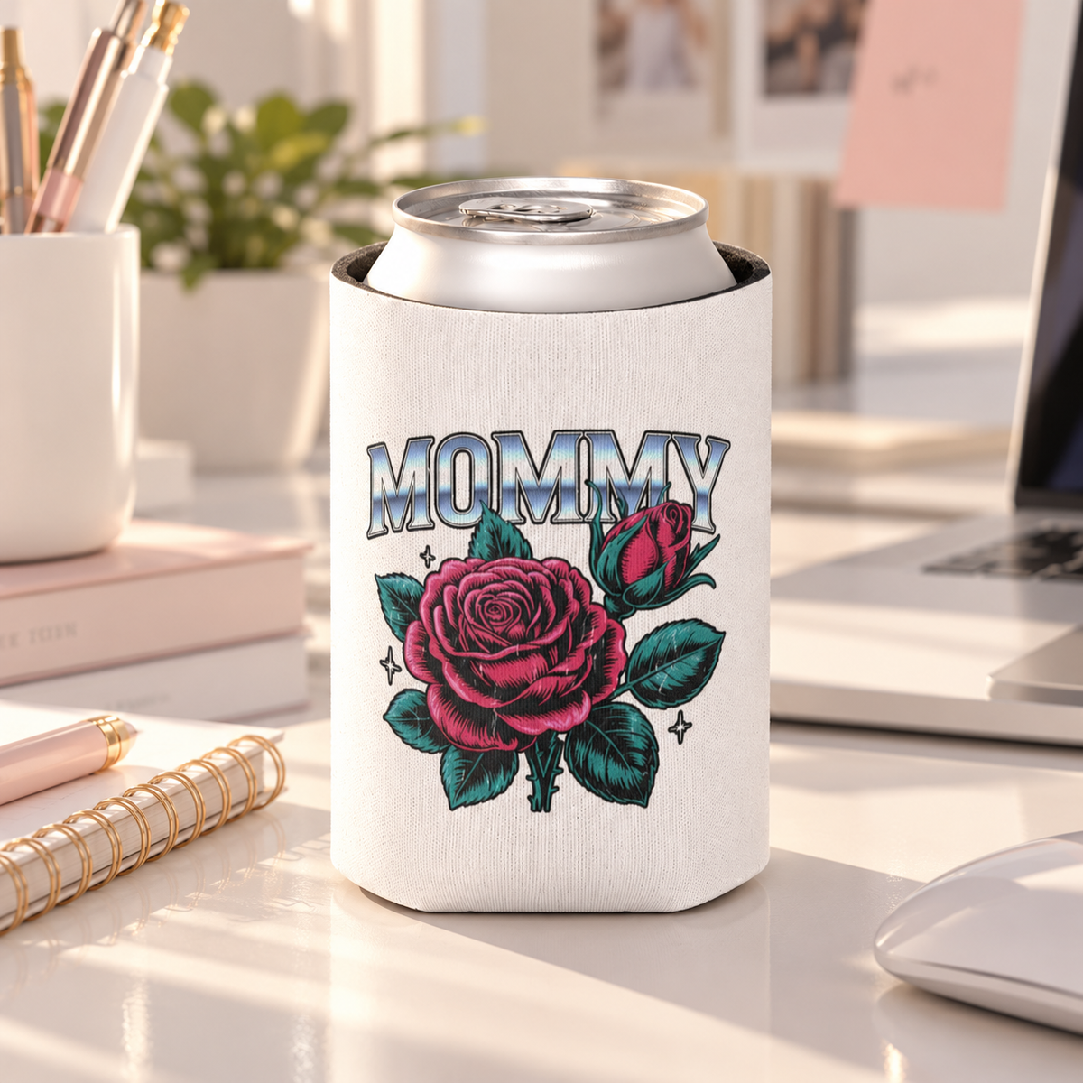 A white can cooler on a drink can, printed with "MOMMY" in chrome-style block lettering above a large pink rose and rosebud with teal leaves and small sparkles.