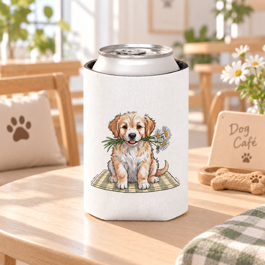 A white can cooler on a drink can, printed with a fluffy golden and cream puppy sitting on a green plaid blanket, holding white daisies in its mouth.