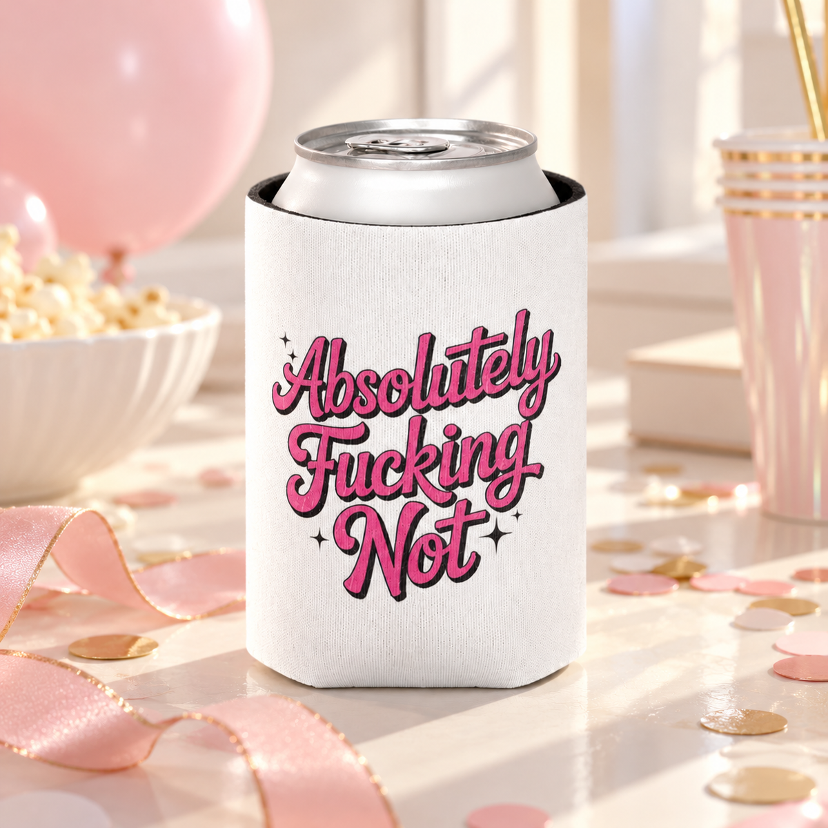 A white can cooler on a drink can, printed with "Absolutely" and "Not" in bold pink retro script with a cheeky extra word between them and small sparkles.