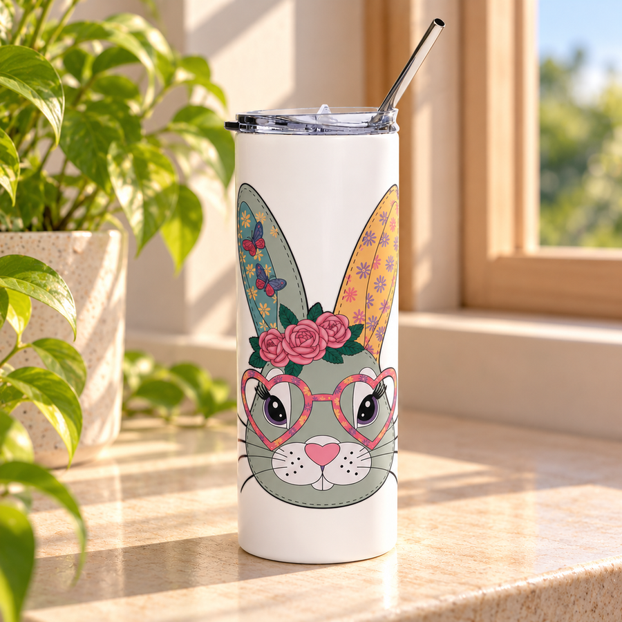 A white stainless steel skinny tumbler with a clear lid and metal straw, printed with a cute gray-green bunny face wearing pink heart-shaped glasses and a crown of pink roses, with butterfly and flower patterned ears.