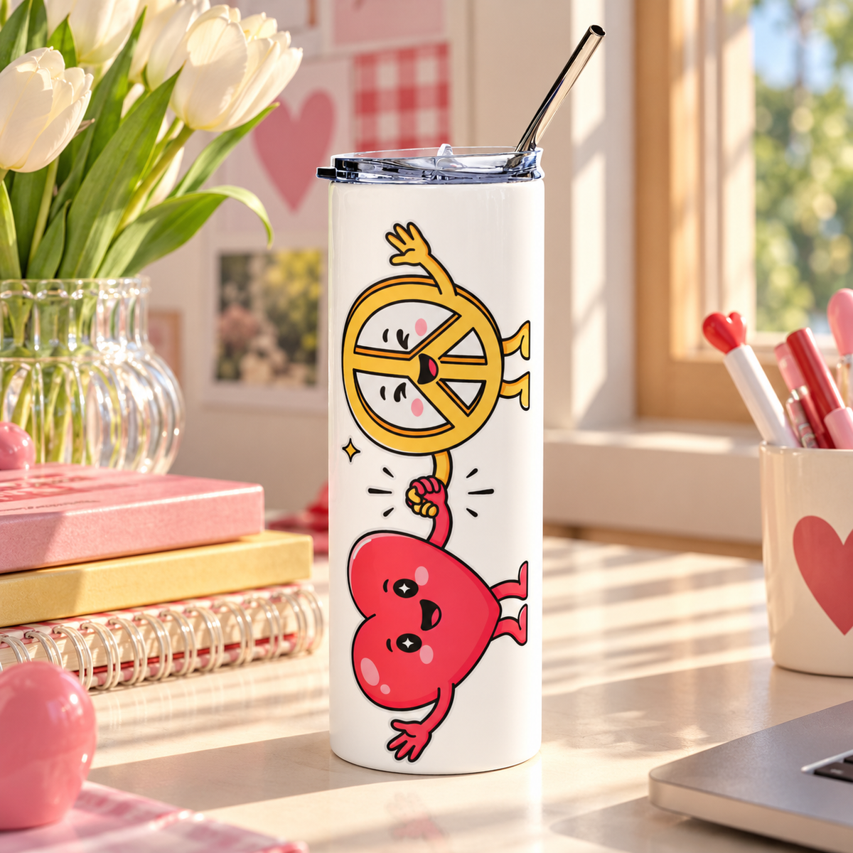 A white stainless steel skinny tumbler with a clear lid and metal straw, printed with a smiling cartoon red heart holding hands with a smiling yellow peace sign character, with small sparkles.