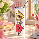 A white stainless steel skinny tumbler with a clear lid and metal straw, printed with a smiling cartoon red heart holding hands with a smiling yellow peace sign character, with small sparkles.