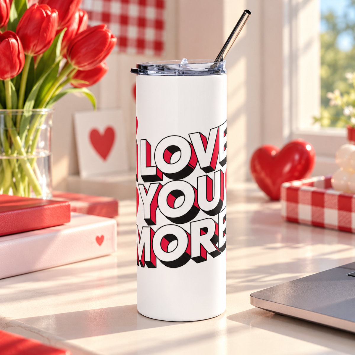 A white stainless steel skinny tumbler with a clear lid and metal straw, printed with "I LOVE YOU MORE" in bold white block lettering with red and black drop shadows.