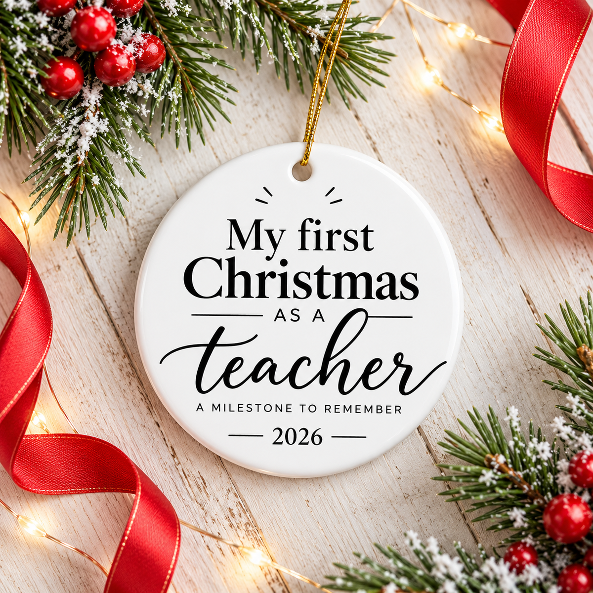 A round white ceramic Christmas ornament on a gold string, printed with "My first Christmas as a teacher" in black serif and script lettering, with "A milestone to remember" and "2026".