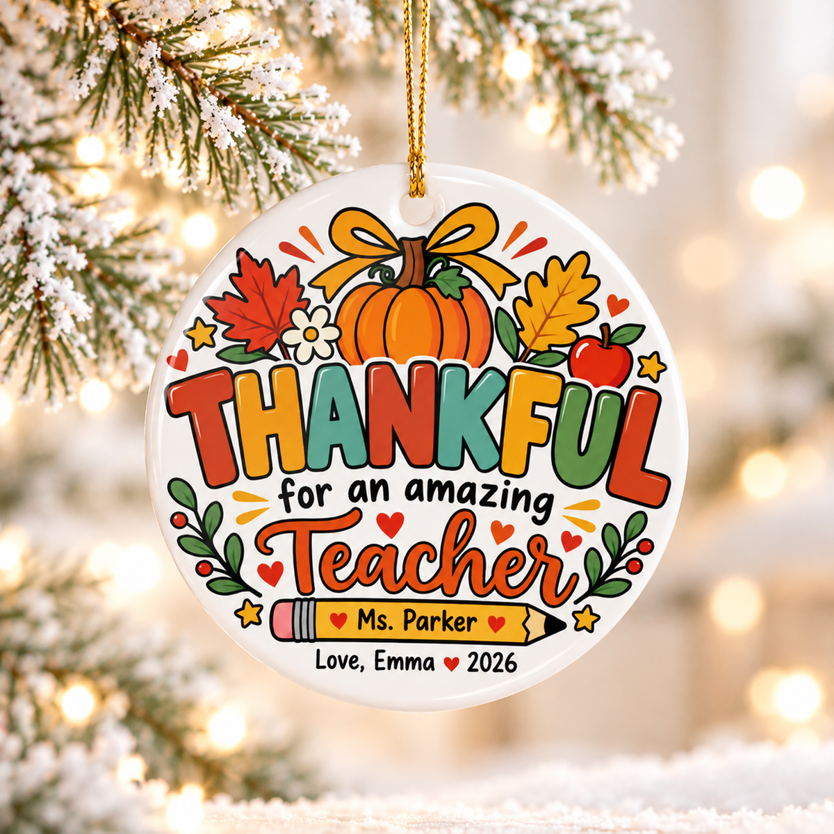 A round white ceramic Christmas ornament on a gold string, printed with "THANKFUL for an amazing Teacher" in colorful lettering under a pumpkin with a yellow bow, autumn leaves and an apple, with a sample teacher name on a pencil and a "Love" signature with "2026".
