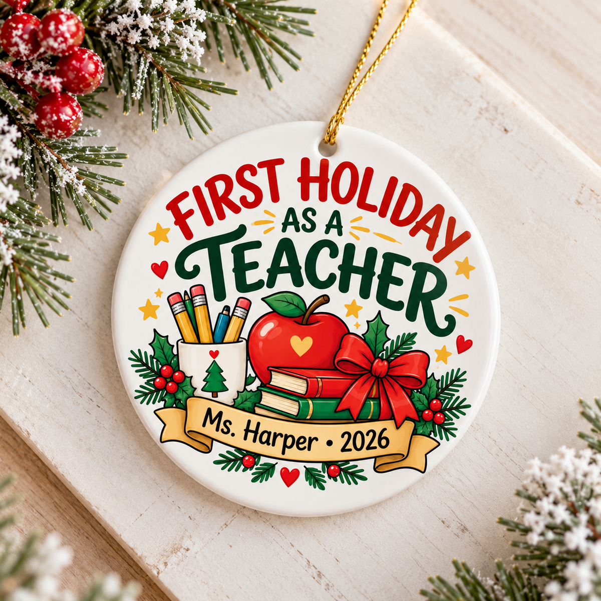 A round white ceramic Christmas ornament on a gold string, printed with "FIRST HOLIDAY AS A TEACHER" in red and green lettering above a red apple, a cup of pencils, stacked books with a red bow and holly, and a banner with a sample teacher name and "2026".