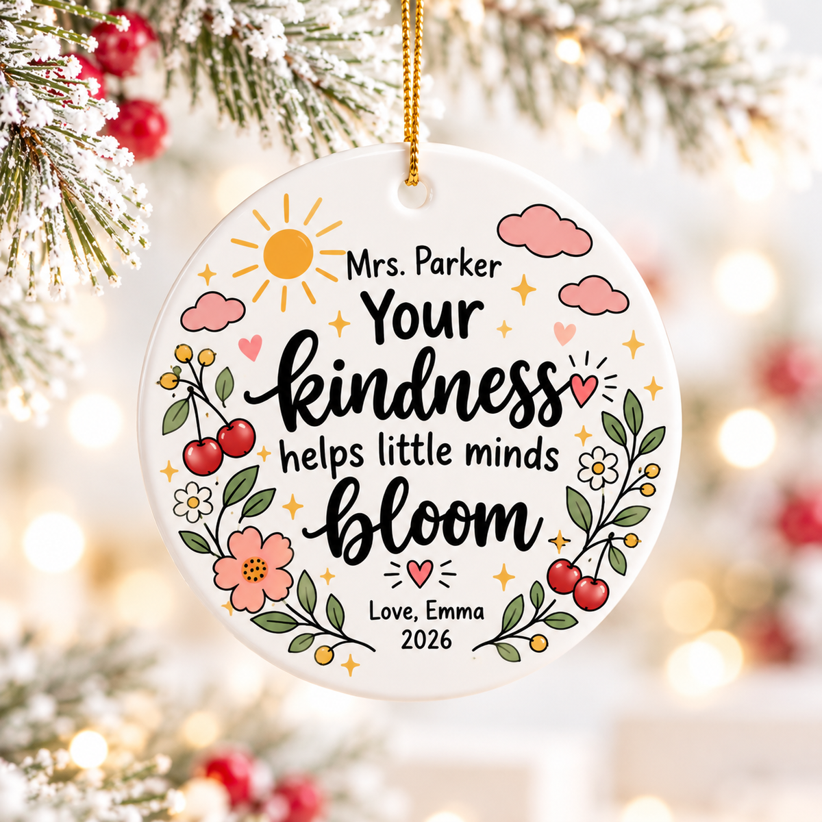 A round white ceramic Christmas ornament on a gold string, printed with "Your kindness helps little minds bloom" in black script with a sample teacher name, a sun, pink clouds, pink flowers and cherries, and a "Love" signature with "2026".