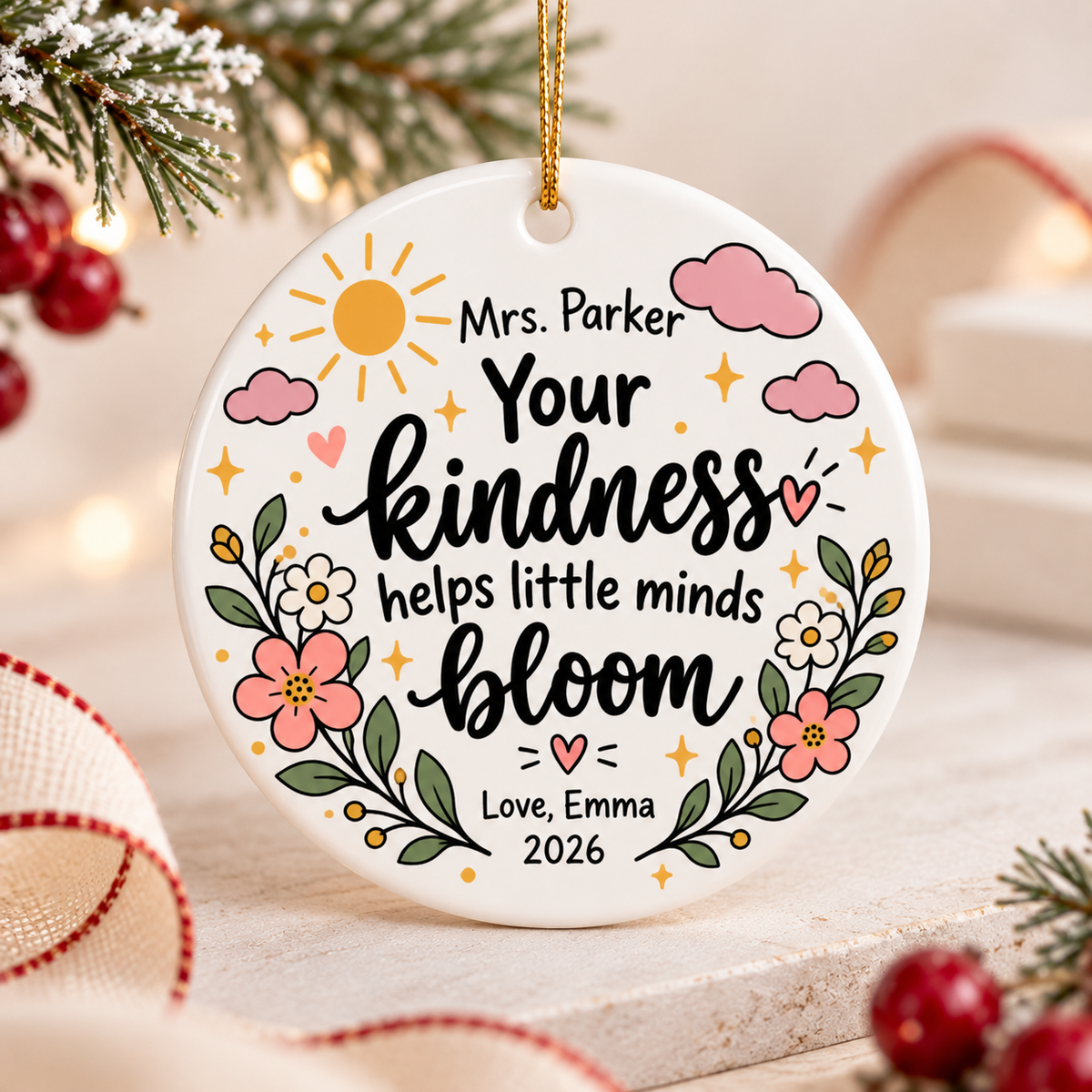 Personalized Floral Teacher Ornament, Your Kindness Helps Little Minds Bloom, Custom Teacher Christmas Gift, Appreciation Keepsake 2026
