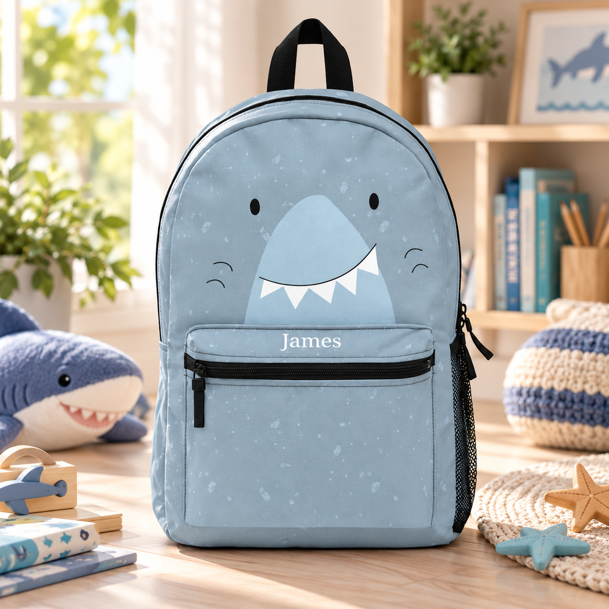 A kids backpack with a black top handle, front zip pocket and mesh side pocket, speckled light blue with a big grinning shark face and the sample name "James" in white on the pocket.