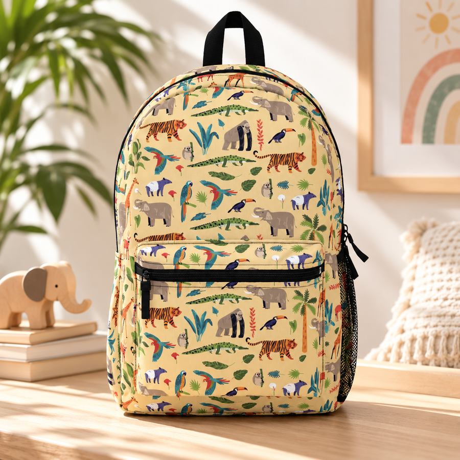 A kids backpack with a black top handle, front zip pocket and mesh side pocket, soft yellow with an all-over print of tigers, elephants, gorillas, crocodiles, tapirs, parrots, toucans and palm leaves.